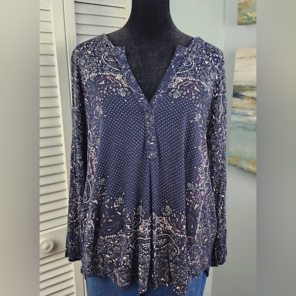 Lucky Brand Navy Paisley floral Print Long Sleeve Blouse shirt L